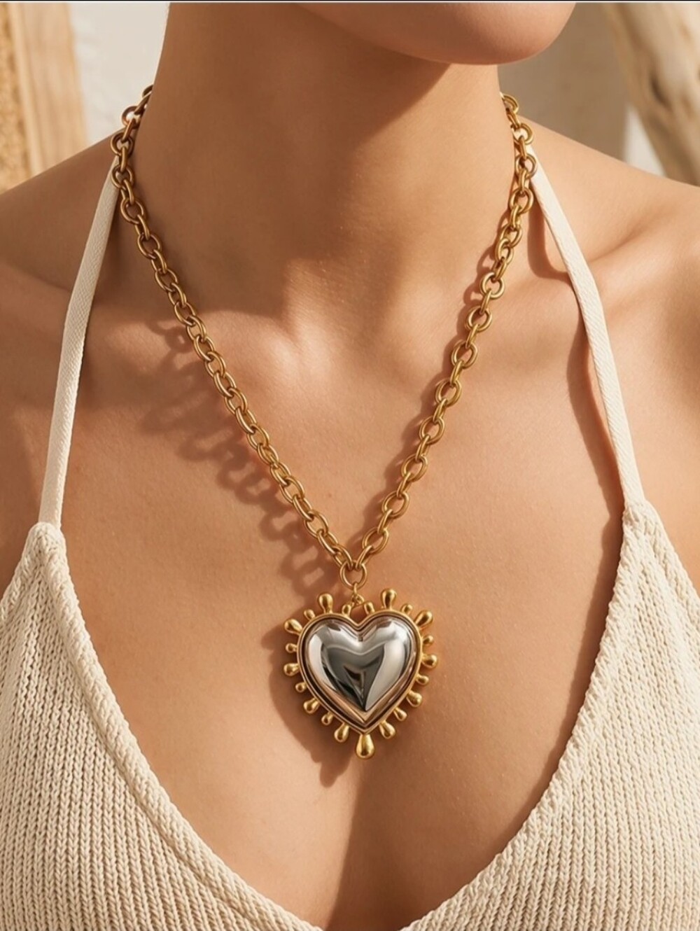 Two Tone Puffy Heart Pendant Statement Necklace - Picture 2 of 16